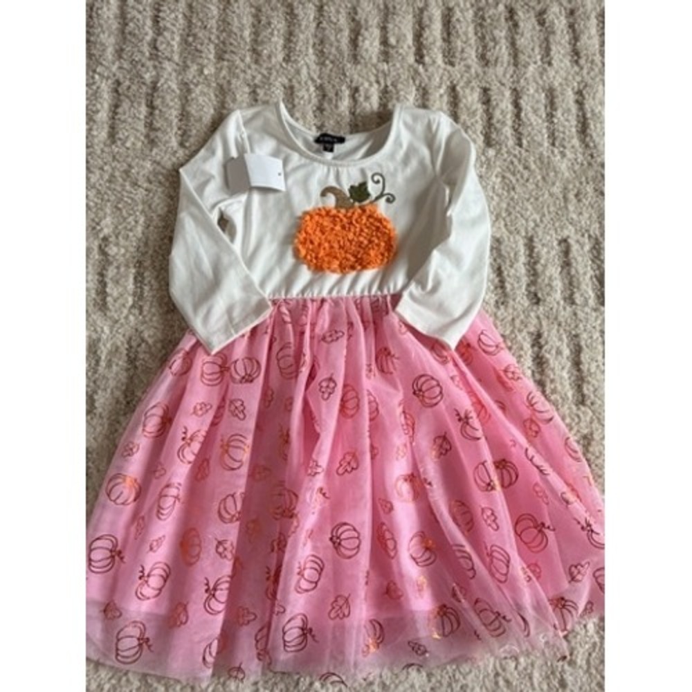 Zunie Girls Pumpkin Tutu Dress Pink White Long Sleeve Halloween Fall Size 6
